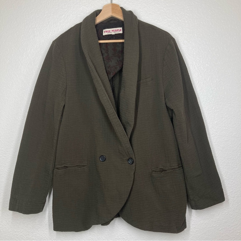 free People Rowan Blazer Gauze Cotton Olive Green Boho Médium Oversize Button Up - Picture 7 of 16